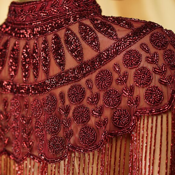 Red Fringe Cape, Rhinestone Beaded Shawl, Luxury Sequin Cape, Festival Outfit - Picture 13 of 13